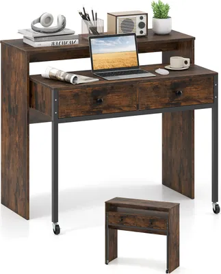 A rustic-style desk with a laptop, headphones, and a plant on it, set against a white background.
