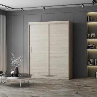 A modern bedroom or living room with a large sliding door wardrobe, a coffee table with a vase of flowers, and a bookshelf in the background.