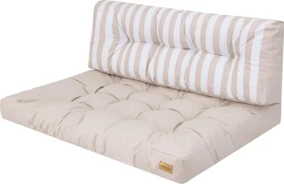 A close-up studio shot of a beige and white striped cushion set for outdoor furniture.