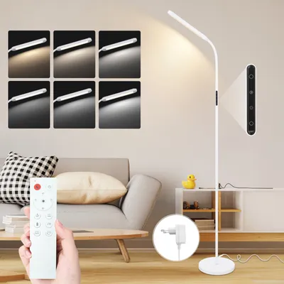 A living room scene with a floor lamp, sofa, and coffee table. A hand is holding a remote control.