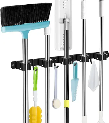 Produktbild von Wand Besenhalterung Edelstahl 304 schwarz 5 Stück plus 4 Haken für Küche Bad Garage