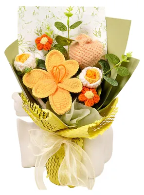 Produktbild von Handgefertigter Strauß aus gehäkelten Kunstblumen mit realistisch wirkenden grünen Kunstblättern – ein romantisches Valentinstagsgeschenk für Sie