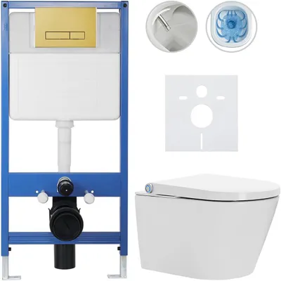 Productafbeelding van Volledige toiletset Profi/Cronus Standard - wit, glanzend - Toiletknop Slim/Goud - Voor inbouwmontage - 59,3 x 38,4 cm