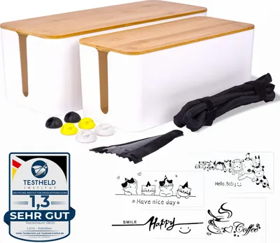 Produktbild von Kabelbox 2er Set mit Bambusdeckel – Kabelmanagement Steckdosenleiste Organizer Kabelaufbewahrung