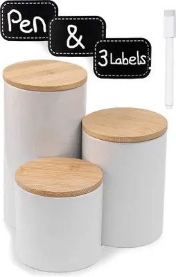 Produktbild von Unyqoos® Weiße Keramik-Vorratsdosen 3er-Set – luftdicht mit Bambusdeckel, inkl. Etiketten & Stift, spülmaschinenfest