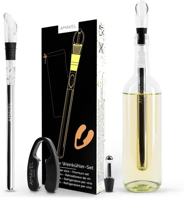 Immagine prodotto di Set per raffreddare il vino - Bastoncino refrigerante per vino con accessori per vino - Raffreddatore per vino in acciaio inossidabile - Raffreddatore per bottiglie - Set per vino comprensivo di bastoncino refrigerante - Versatore per vino