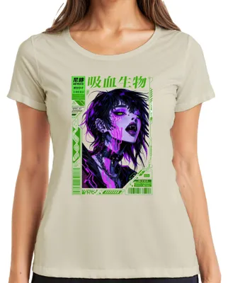 Obrázek produktu pro Tričko s motivem: "Vampírská dívka v cyberpunkovém stylu, japonský anime, Y2K, techwear, dámské, barva: přírodní, velikost: L."