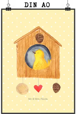 Produktbild von Mr. & Mrs. Panda Bild Vogel Haus DIN A0 - Gelb Pastell - Geschenk, Familie, Zuhause, Vogelhaus, Wandschmuck, Wohnung, wanddeko, drucke, Lustige Sprüche, Kunstdruck