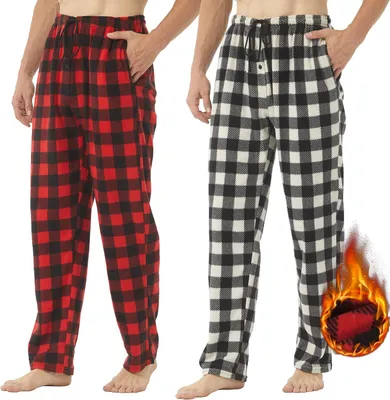 Productafbeelding van Heren pyjamabroek set van 2 stuks, lange fleecebroek met geruit patroon, trekkoord en zakken