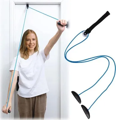 Obrázek produktu pro Posilovací stroj na ramena – kladkový trenažér na ramena – PVC trenažér na ramena s kladkou – délka lana 200 cm – modrý
