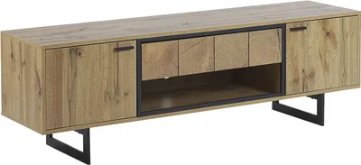Produktbild von BELIANI TV-Möbel Heller Holzfarbton / Schwarz Holzoptik Metallbeine 3 Fächer mit 2 Türen und einer geräumigen Schublade elegantes Design Retro-Stil