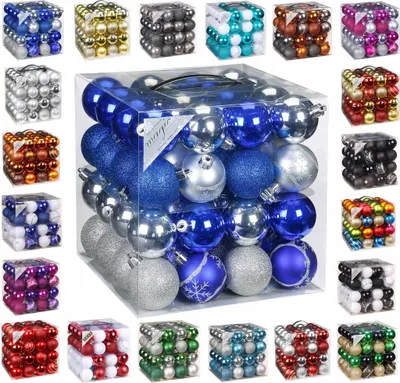 Produktbild von 64x Kunststoff Christbaumkugeln Ø 6cm Kugel Box Glanz Glitzer Matt + Aufhänger Blau-Silber