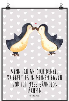 Produktbild von Mr. & Mrs. Panda Bild Pinguine Kuss DIN A1 - Grau Pastell - Geschenk, Wandbild, Kunstdruck, Hochzeitstag, drucke, Valentinstag, Plakat, wanddeko, Freundin, für Partner