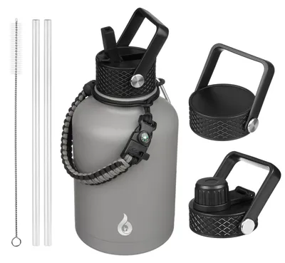 Imagen del producto de Botella de agua aislada de 1,5 litros, de acero inoxidable, con pajita. Termo gris