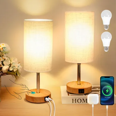 Image de Lampe de chevet tactile, variateur d'intensité, lot de 2, lampe de table avec ports de charge USB-A/C, abat-jour en lin et 3 niveaux de luminosité