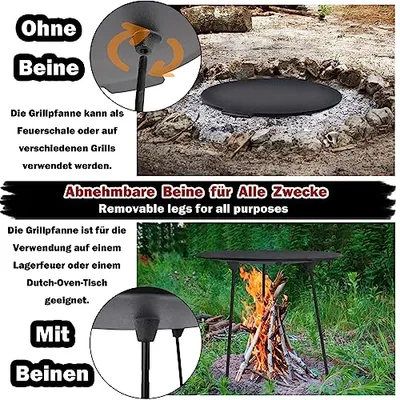 Obrázek produktu pro NAIZY Litinová grilovací pánev odnímatelná se 3 nohami, Ø45cm kulatá litinová grilovací deska s rukojetí, holandská grilovací pánev Příslušenství ke grilu Ohnivá grilovací mísa pro kempování Zahrada