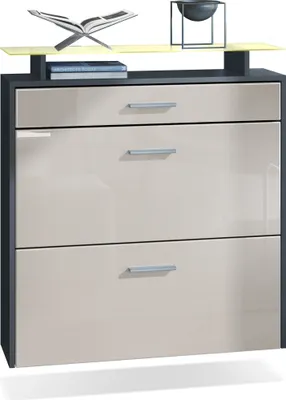 Produktbild von Vladon Schuhschrank Malea, Anthrazit matt/Sandgrau Hochglanz inkl. LED - hängender Schuhkipper für 16 Paar Schuhe (89 x 96 x 23 cm)