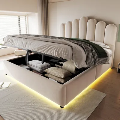Produktbild von MODFU Samt Polsterbett Jugendbett 140x200 mit LED,Doppelbett mit Bettkasten und gepolstertem Kopfteil,Funktionsbett mit großer Stauraum,ohne Matratze,Beige