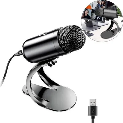 Zdjęcie produktu dla Mikrofon USB o charakterystyce dookólnej do podcastów i transmisji na żywo, z przyciskiem wyciszenia, obsługą Plug-and-Play, regulacją głośności, do komputerów stacjonarnych i laptopów.