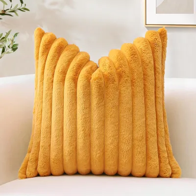 Produktbild von 1 Plüsch-Samtkissenbezug, weicher Dekokissenbezug aus Kunstfell für Sofa, flauschiger Kissenbezug für Schlaf- und Wohnzimmer (45x45cm, senfgelb)