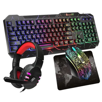 Produktbild von Tastaturen, vierteiliges Gaming Tastatur und Maus Set mit Kabel, Headsets, verstellbares Mikrofon, Gaming-Tastatur (DE-Layout), Regenbogenfarben