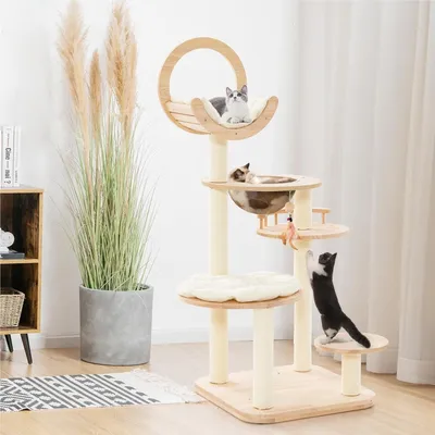 Immagine prodotto di Albero per gatti - Torre per gatti - Tiragraffi - Area giochi per gatti - Arredamento per gatti - Design in legno 4-in-1 - Nido a forma di capsula, color beige