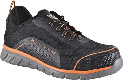 A studio shot of a black and orange safety shoe.
