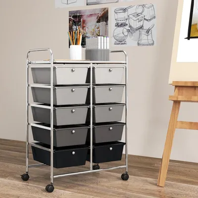 Zdjęcie produktu dla Wózek COSTWAY z 10 szufladami do sztaplowania, wózek z szufladami z metalową ramą i półką, wózek łazienkowy do przechowywania w biurze, salonie, 65,5 x 37 x 87 cm