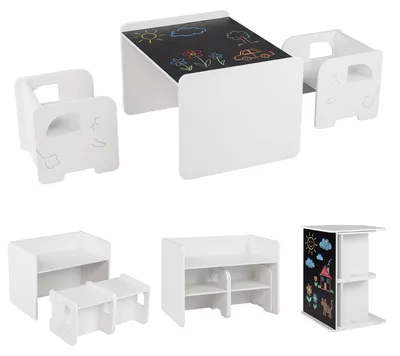 Immagine prodotto di Tavolo per bambini KOMFOTTEU con 2 sedie, tavolo da disegno con lavagna e motivo decorativo, set di tavoli attività salvaspazio, set di sedute per bambini per camerette egiochi, tavolo da gioco per bambini dai 3 anni in su