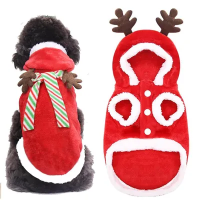 Produktbild von Weihnachtskostüm für Haustiere XS – mit Schal, Kapuze - Weihnachtsanzug für Hunde & Katzen – 35 x 25 cm – Weihnachtskleidung für Hunde - Rot