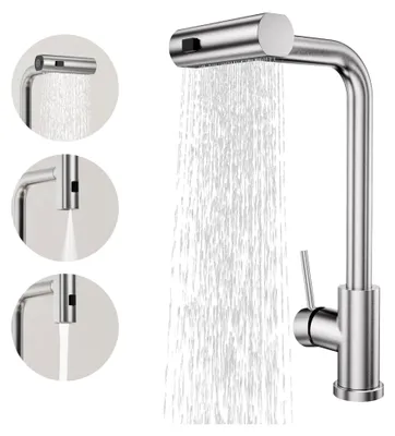 Produktbild von Küchenarmatur mit 3 Strahlarten, herausziehbare Brause, Wasserfall Wasserhahn, 360° drehbar, Hochdruck Spültischarmatur, SUS304 Edelstahl, gebürstet