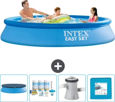 Produktbild von Intex runder aufblasbarer Easy Set-Pool – 305 x 61 cm – Blau – im Lieferumfang enthalten Abdeckung - Wartungspaket - Filterpumpe für Schwimmbad - Bodenfliesen