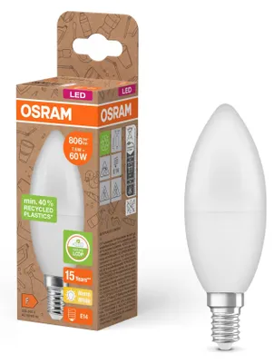 Productafbeelding van 6 x Osram LED-kaarslamp 7,5W = 60W E14, mat, 806lm, warm wit, 2700K, gemaakt van gerecycled kunststof