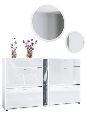 Produktbild von Garderoben-Set Florence mit Schuhschrank und 2 Wandspiegel, Germany, Weiß matt/Weiß Hochglanz