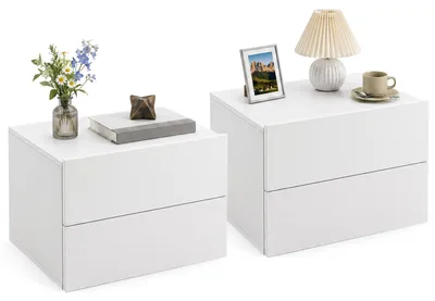 Immagine prodotto di COSTWAY, set di 2 comodini da parete con 2 cassetti, mobiletto sospeso in legno, comodino da parete, dimensioni 42 x 30 x 29 cm, colore bianco