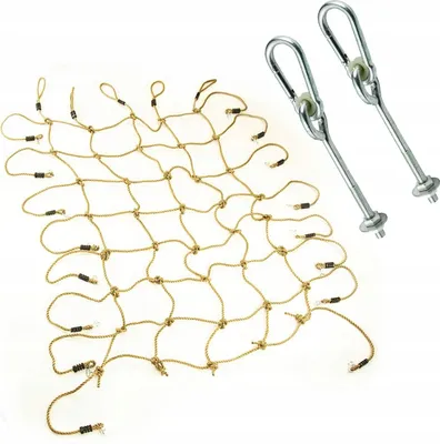 A climbing net and two metal hanging fixtures are shown against a white background.