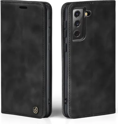 A black flip cover case for a smartphone is shown from two angles.