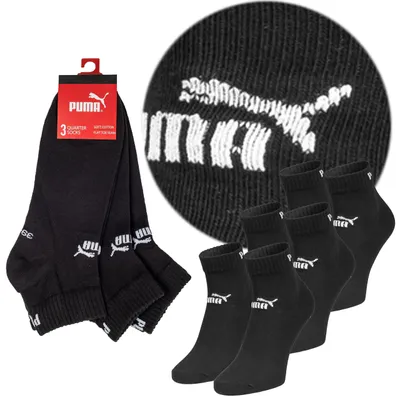 A pack of black Puma quarter socks with the Puma logo visible on the socks and packaging.