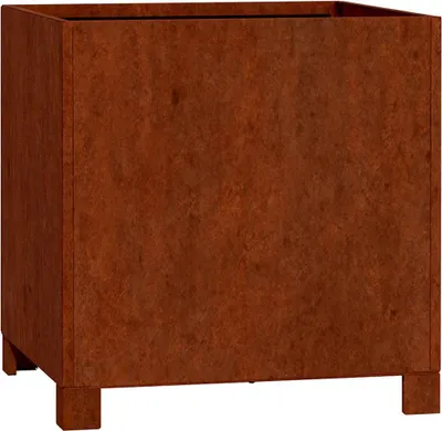 A square planter box with a rusted metal finish, elevated on four short legs.