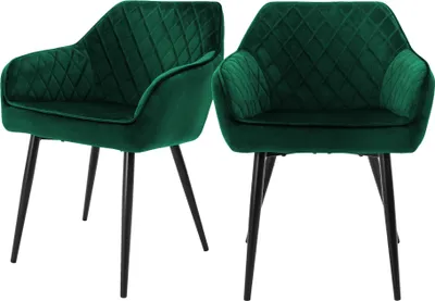 Obrázek produktu pro ML-Design sada 2 jídelních židlí s područkami a opěradly, tmavě zelená, kuchyňská židle se sametovým potahem, čalouněná židle s kovovými nohami