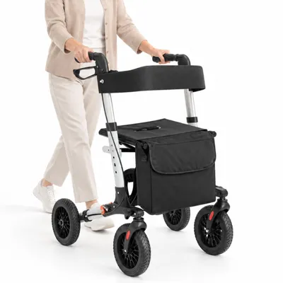 Produktbild von Zimilo Rollator klappbar mit Sitz und Rückenlehne, höhenverstellbare Gehhilfe für Senioren, 8 kg Aluminium Gehwagen belastbar bis 130 kg, Grau