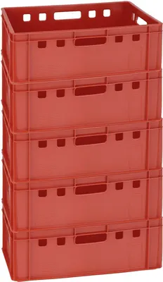 A stack of red plastic crates.