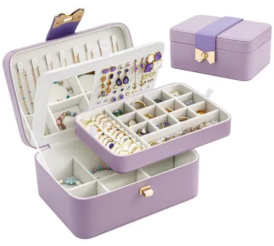 Image de Boîte à bijoux - Bijouterie à deux niveaux - 25 x 18 x 11,5 cm - Violet - Avec miroir