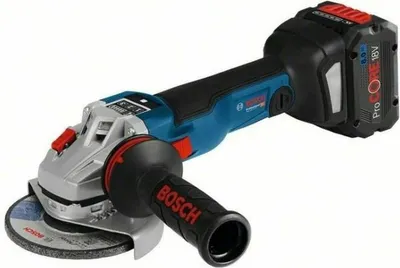 A cordless angle grinder with a battery pack attached, shown against a white background.