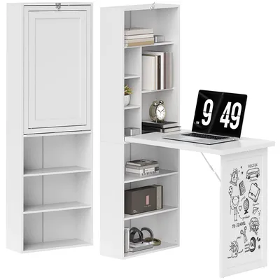 Imagen del producto de Mesa de ordenador - Escritorio plegable - Con estantería - Pizarra integrada - Estante ajustable - Madera - Blanco