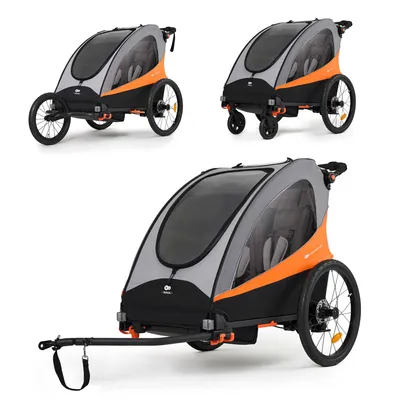 Produktbild von Kinderkraft NAVA 3in1 – Fahrradanhänger, Jogger & Buggy bis 60 kg, luftbereift, gefedert, faltbar, für 1–2 Kinder, Orange