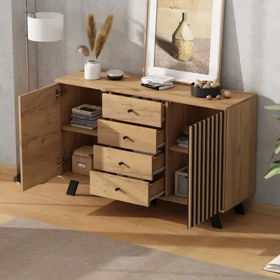 Produktbild von okwish Sideboard Wohnzimmerkommode mit 2 Schränke und 4 Schubladen,Wohnzimmerschrank mit Massivholzbeinen-Bodenunterstützung,Beistelltisch mit MDF-Schrankkorpus,Holzfarbe