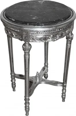 Immagine prodotto di Tavolino laterale rotondo in stile barocco "Casa Padrino", argento, modello Y12 - Tavolino artigianale in legno con piano in marmo - 73 x 47 cm
