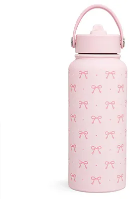 Thermosflasche mit Strohhalm, 32 oz, rosa, Schleifenmuster, doppelwandig