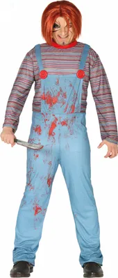 A person wearing a Chucky costume holding a knife.